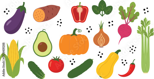 Fresh vegetables collection with pumpkin, avocado, pepper and organic farm produce flat vector illustration set