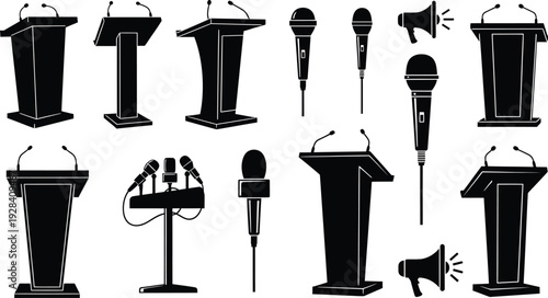 Collection of microphones and podiums for public speaking