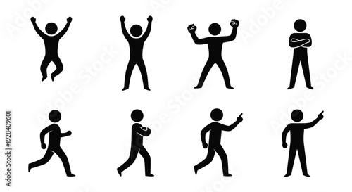 Stick figures depicting various human poses and actions in black silhouette