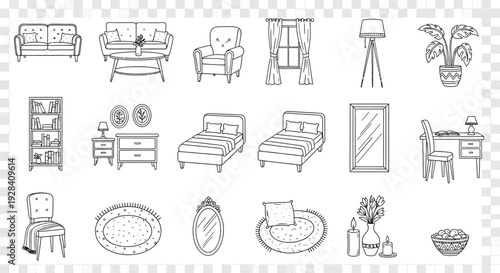 Black and white sketch of various furniture items and home d cor elements