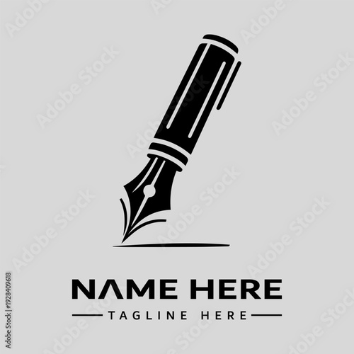 A black and white illustration of a fountain pen nib with a placeholder text 'NAME HERE' and 'TAGLINE HERE' in a clean, minimalist design on a gray background.