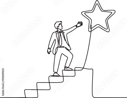 Man in suit climbing stairs and reaching for a star symbolizing achievement and success in a professional setting