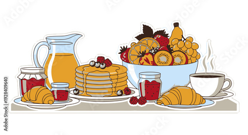 Flat Design Breakfast Illustration with Pancakes and Croissants