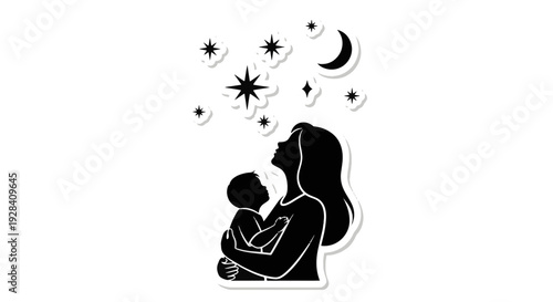 A Woman Gently Holding a Baby in Her Arms Under a Starry Night Sky with a Crescent Moon Illuminating the Scene