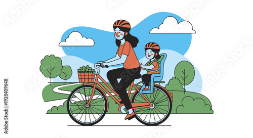 Smiling Mother Wearing Helmet Rides a Bicycle with Her Child in a Child Seat Through a Scenic Park Landscape