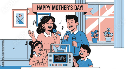 Family of Four Joyfully Singing Karaoke Together at Home for Mothers Day Celebration with Microphones and Music Machine