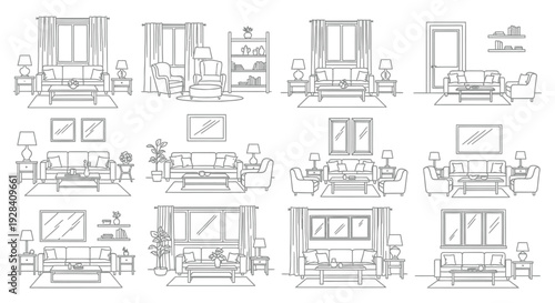 Line art depicting various interior living room layouts with furniture