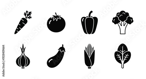 Black silhouette icons of various fresh vegetables arranged in two rows