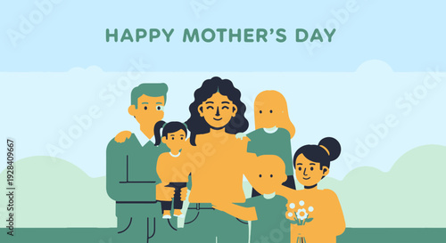 Happy Mothers Day Celebration with a Joyful Family Portrait Including Mom Dad and Children Outdoors