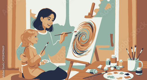 Smiling Mother and Daughter Painting Together on a Canvas with Colorful Paints on a Wooden Table in a Cozy Art Studio with Natural Light Streaming In