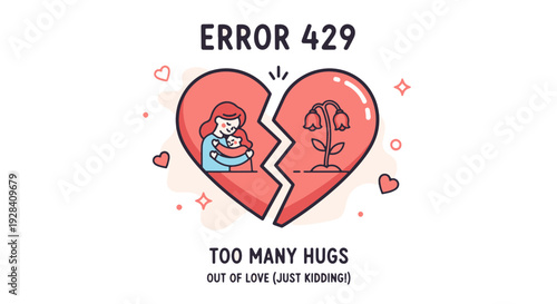 Sad Broken Heart with Wilting Flowers on One Side and Loving Embrace on the Other Error 429 Message Too Many Hugs Concept