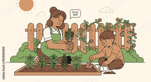 Happy Mother and Son Gardening Together in a Raised Flower Bed Near a Wooden Fence with Blooming Vines Under a Cartoon Sun
