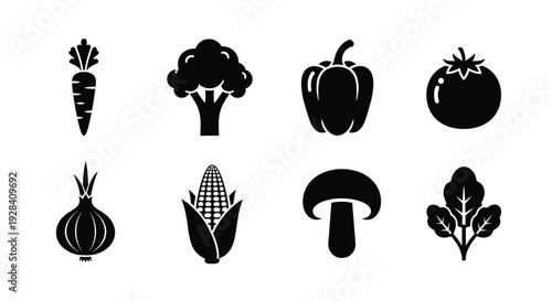 Black silhouette icons depicting various fresh vegetables and a mushroom