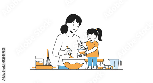 Mother and Daughter Happily Baking Together in a Kitchen Mixing Ingredients in Bowls with Whisks and Measuring Cups Nearby on a Table Flat Design Style