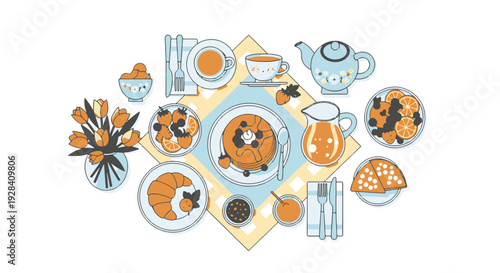 Whimsical Breakfast Spread with Orange Tulips Pancakes Croissants and Juice in a Cozy Setting