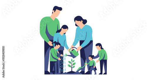 Family Planting a Sapling Together in the Soil with Parents Watering and Children Digging and Helping with Gardening Tools