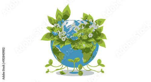 A Vibrant Stylized Earth Adorned with Lush Green Leaves and Delicate White and Blue Flowers Sprouting Small Green Seedlings from Its Base