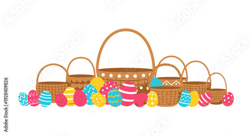 A Charming Collection of Woven Easter Baskets Overflowing with Vibrantly Decorated Eggs in Festive Patterns and Colors Set Against a Dark Background