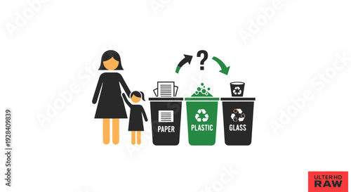 Mother and Daughter Learning Waste Sorting Together with Separate Recycling Bins for Paper Plastic and Glass Materials
