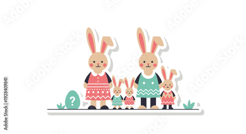 Charming Family of Cartoon Bunnies with Pastel Clothing and Easter Egg Standing on Grass with Plants and Question Mark