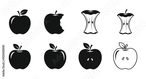 Black and white illustration depicting various stages of apple decomposition