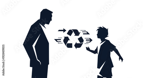Adult Teaching a Child About Recycling with the Universal Recycling Symbol Between Them Symbolizing the Transfer of Knowledge and Environmental Responsibility