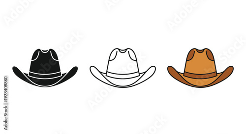 Three cowboy hats displayed in black outline and brown color variations