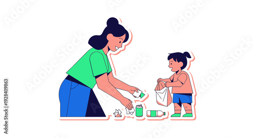 Mother and Child Recycling Plastic Bottles and Aluminum Cans Teaching Environmental Responsibility and Waste Sorting in a Sustainable Home Setting