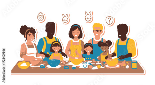 Diverse Family of Seven People Parents and Children Happily Baking Together in the Kitchen Wearing Aprons Preparing Easter Treats