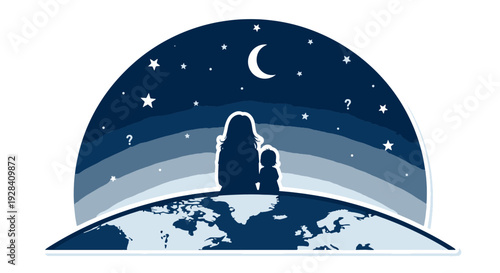 Two Figures Silhouetted Against a Stylized Night Sky with a Crescent Moon and Stars Overlooking a Globe Depicting Earths Continents