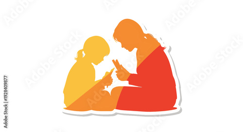 Mother and Child Silhouetted Sitting Close Together Both Engrossed in Using Mobile Phones Warm Orange and Red Tones Clean White Background Concept of Family Connection and Digital Engagement