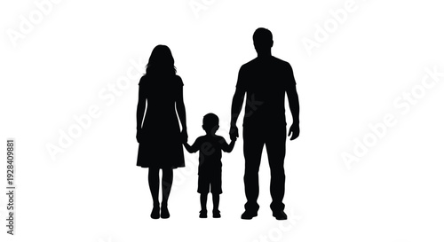 Silhouetted family of three holding hands depicting a mother father and son