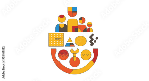 Abstract Geometric Figures and Shapes Arranged in a Vibrant Mosaic Pattern with Warm and Cool Color Accents Creating a Playful and Modern Design Motif