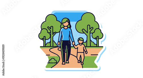 A Mother and Child Walking Hand in hand on a Park Path Surrounded by Trees Under a Bright Blue Sky Modern Flat Design Style