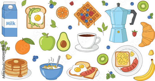 Healthy breakfast food collection with coffee waffles eggs fruit milk and croissant vector illustration set