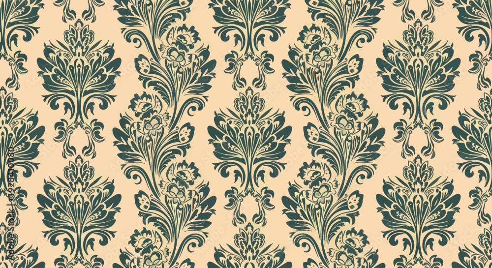 Fototapeta premium Elegant Seamless Teal Damask Pattern with Cream Ornamental Baroque Floral Details
