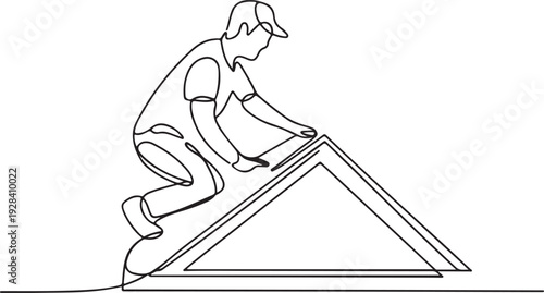 Man Installing Roofing Materials on a House Roof from a High Angle View