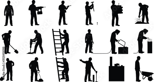 Silhouette of various construction workers performing tasks