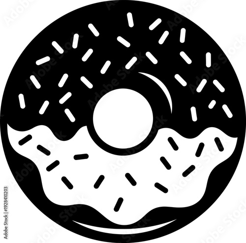Black and white illustration of a half glazed donut