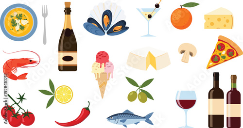Mediterranean food and drink collection with seafood wine cheese pizza fruits vector illustration set
