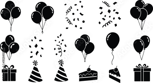 Black and white illustration of birthday party icons