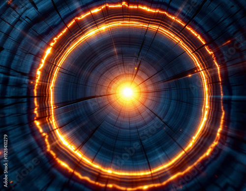 Macro cross-section ancient tree rings, deep navy monochromatic tones, concentric patterns with backlit spotlight, volumetric light rays, cinematic concept art, dark vignette edges