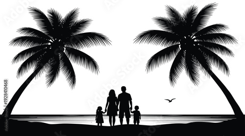 A family of four standing under two tall palm tree silhouettes on a sunny beach