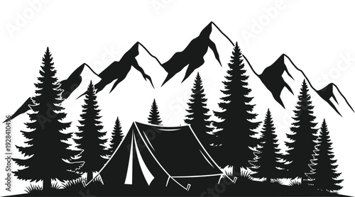 Serene mountain camping silhouette with tent and trees