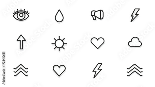 Modern Minimalist Line Icons Set for UI/UX Design. Simple outline symbols including eye, water drop, megaphone, lightning, up arrow, sun, heart, cloud, and waves.