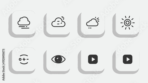 Modern Neumorphism weather and media interface icons set. Minimalist 3D UI elements with soft shadows on white buttons.