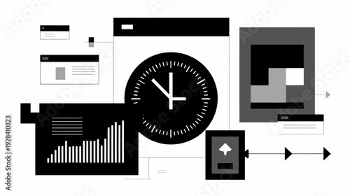 Digital time management concept with web elements and data analysis. Workflow optimization and online productivity.
