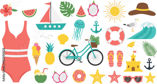 Summer beach vacation collection with swimsuit sailboat bicycle pineapple starfish and tropical elements vector illustration