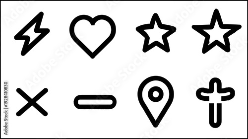 Vector UI icon set with outline symbols: lightning bolt, heart, stars, close, minus, location pin, and plus sign.