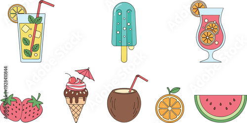 Summer drinks and desserts collection with lemonade, ice cream, popsicle and fresh fruit flat vector illustration set